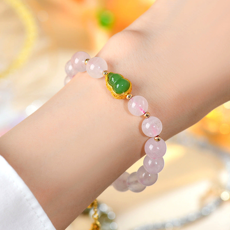 Natural Pink Quartz Gourd Tassel Bracelet | Peach Blossom Love Charm for Women