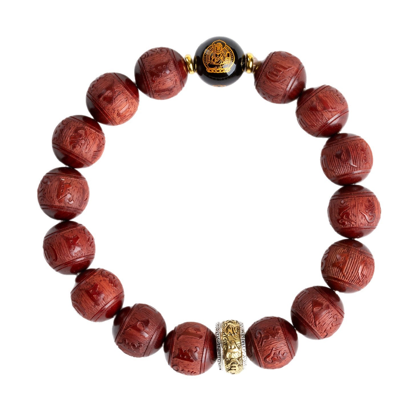 Small Leaf Red Sandalwood Six-Word Mantra Black Obsidian Guardian Deities Zodiac Bracelet for Couples