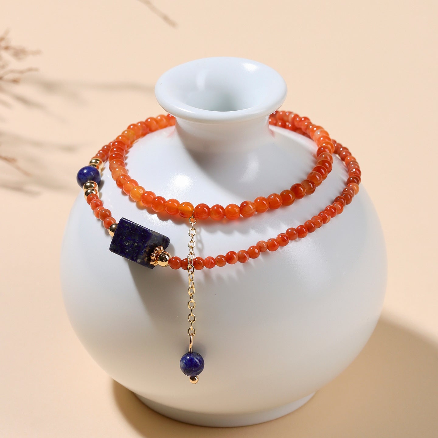 Natural Southern Red Agate & Lapis Lazuli Sugar Cube Double Circle Bracelet with Extension Chain