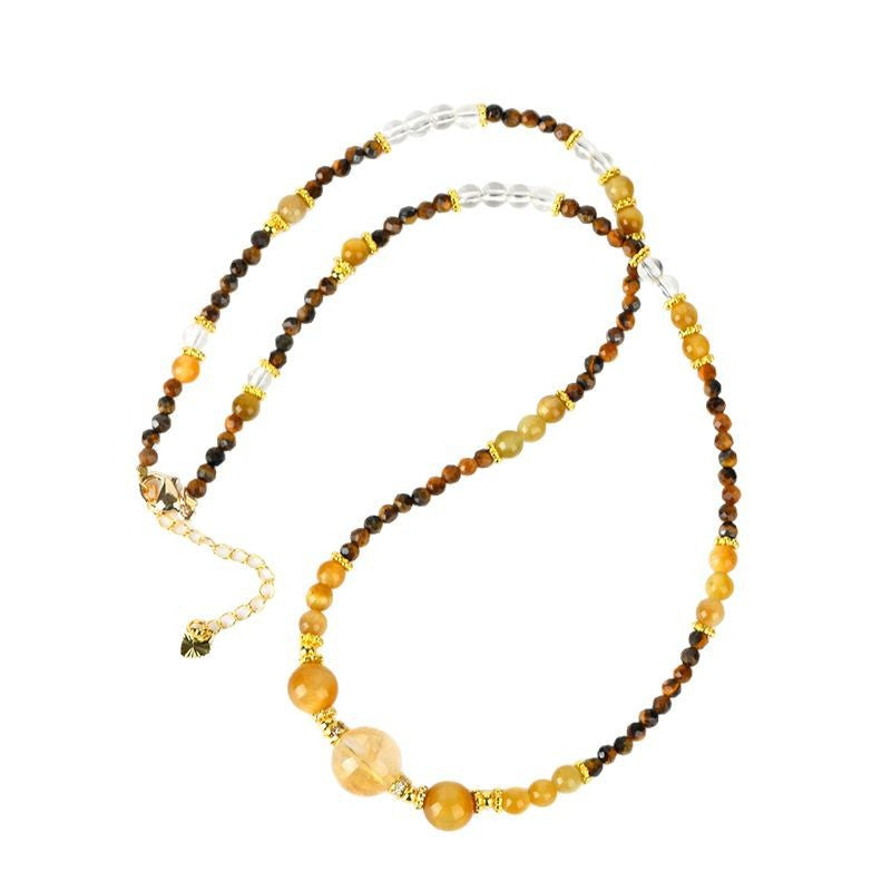 Natural Yellow Tower Crystal & Tiger Eye Three-Circle Necklace Bracelet for Women | Wealth & Protection Talisman