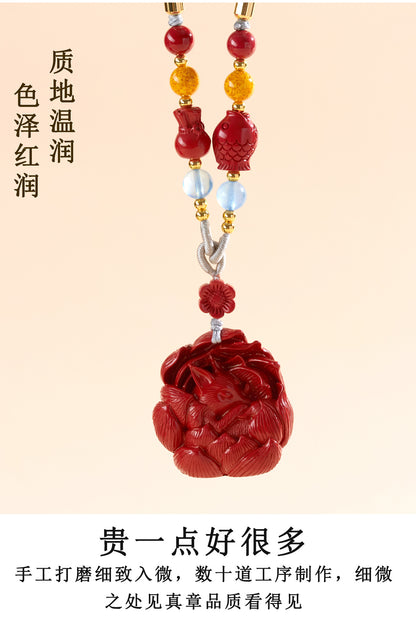 Imperial Red Cinnabar Nine-Tailed Fox Pendant Necklace - Chinese Mystique Women's Spiritual Accessory