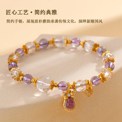 Golden Sand Gourd Amethyst Crystal Bracelet | Spiritual Harmony & Wealth Charm