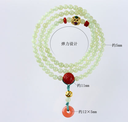 Natural Hetian Jade & Southern Red Agate Three-Circle Bracelet | Peace and Prosperity Buddhist Beads for Women