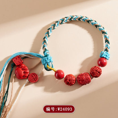 Natural Imperial Red Cinnabar Guanyin Barrel Beads Tibetan Style Bracelet with Pixiu Cat Paw Charm