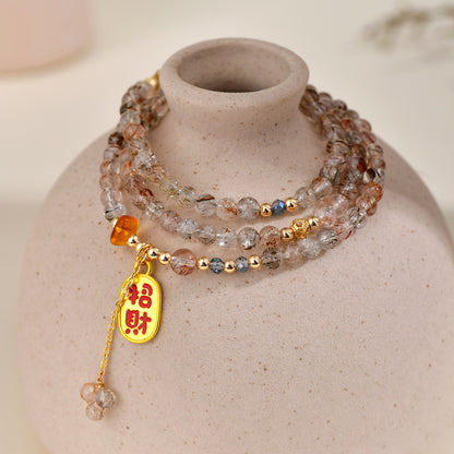 Natural Crystal Black Gold Three-Circle Bracelet & Necklace | Spiritual Protection & Elegance