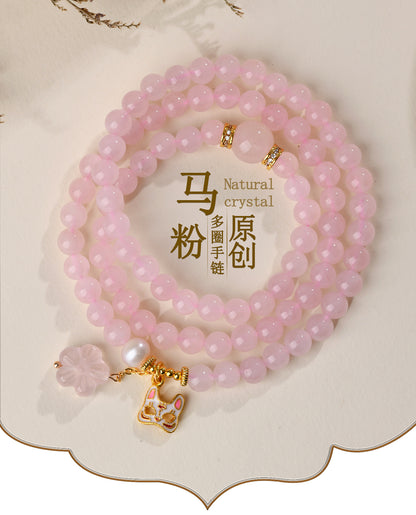 Natural Madagascar Pink Crystal Multi-Circle Love Bracelet with Fox Mask Charm