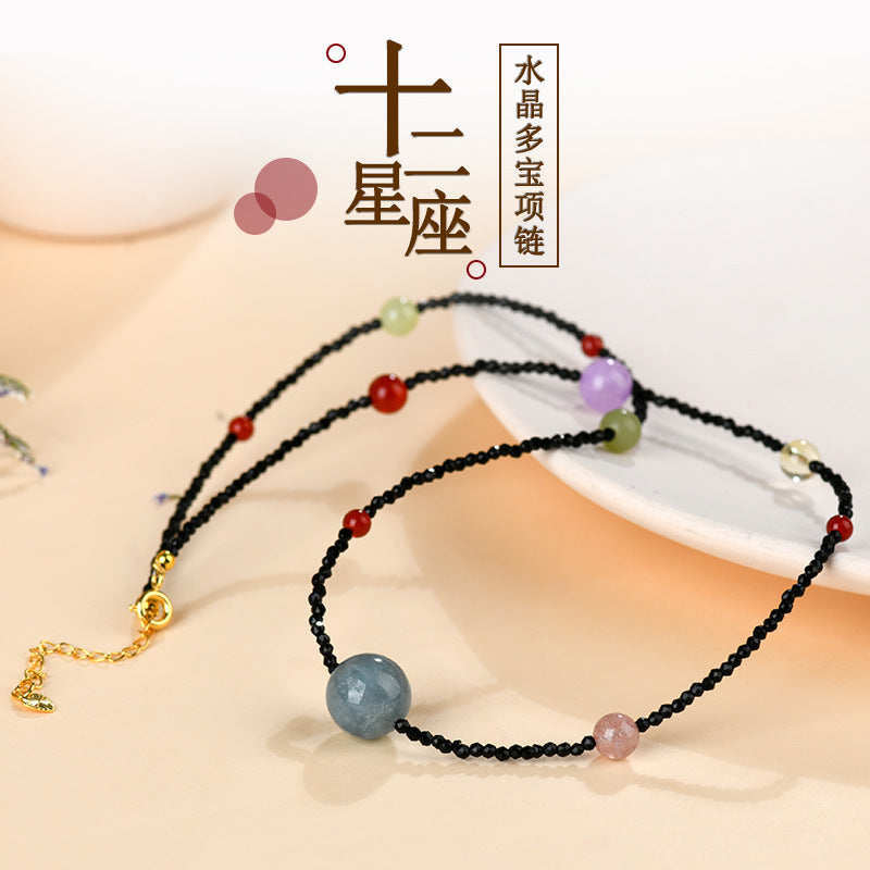 Twelve Zodiac Natural Crystal Multi-Gemstone Collarbone Necklace & Bracelet Set