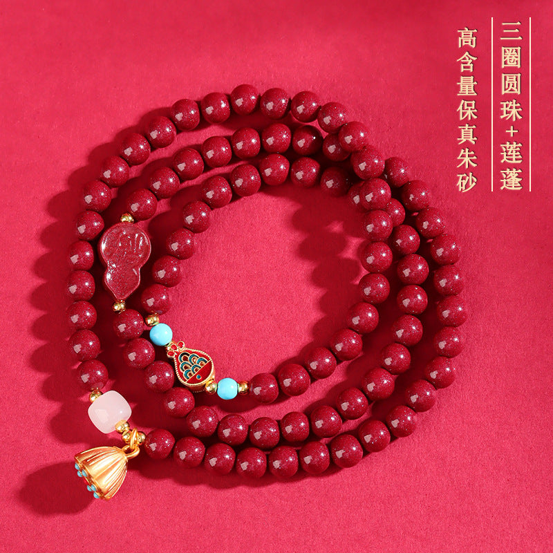Natural Purple Gold Cinnabar Three-Circle Buddha Bead Bracelet with Lotus Pod Pendant