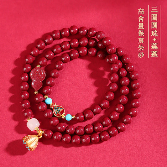Natural Purple Gold Cinnabar Three-Circle Buddha Bead Bracelet with Lotus Pod Pendant