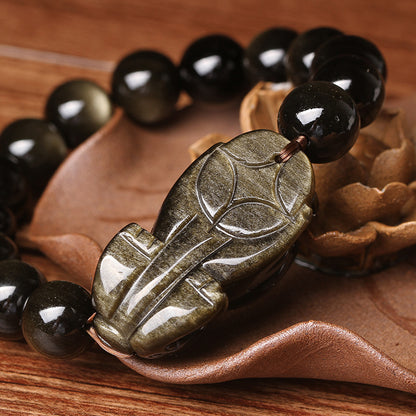 Golden Pixiu Obsidian Bracelet - Wealth Attracting Protection Amulet with Double-Eyed Beads