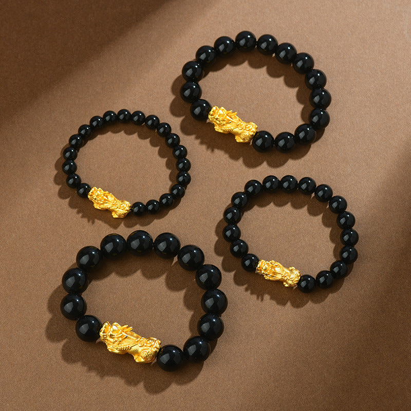 Natural Obsidian Gold Pixiu Bracelet | Wealth Attraction & Protection Amulet