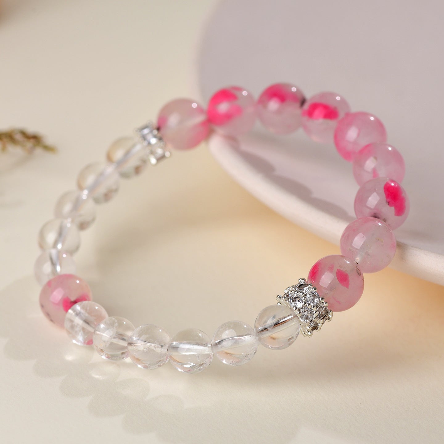 Natural Cherry Blossom White Crystal Love Bracelet | Peach Pink Women's Spiritual Jewelry