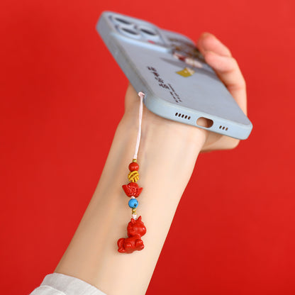 Imperial Red Cinnabar Zodiac Horse Phone Pendant - Natural Mineral Protection & Fortune Keychain