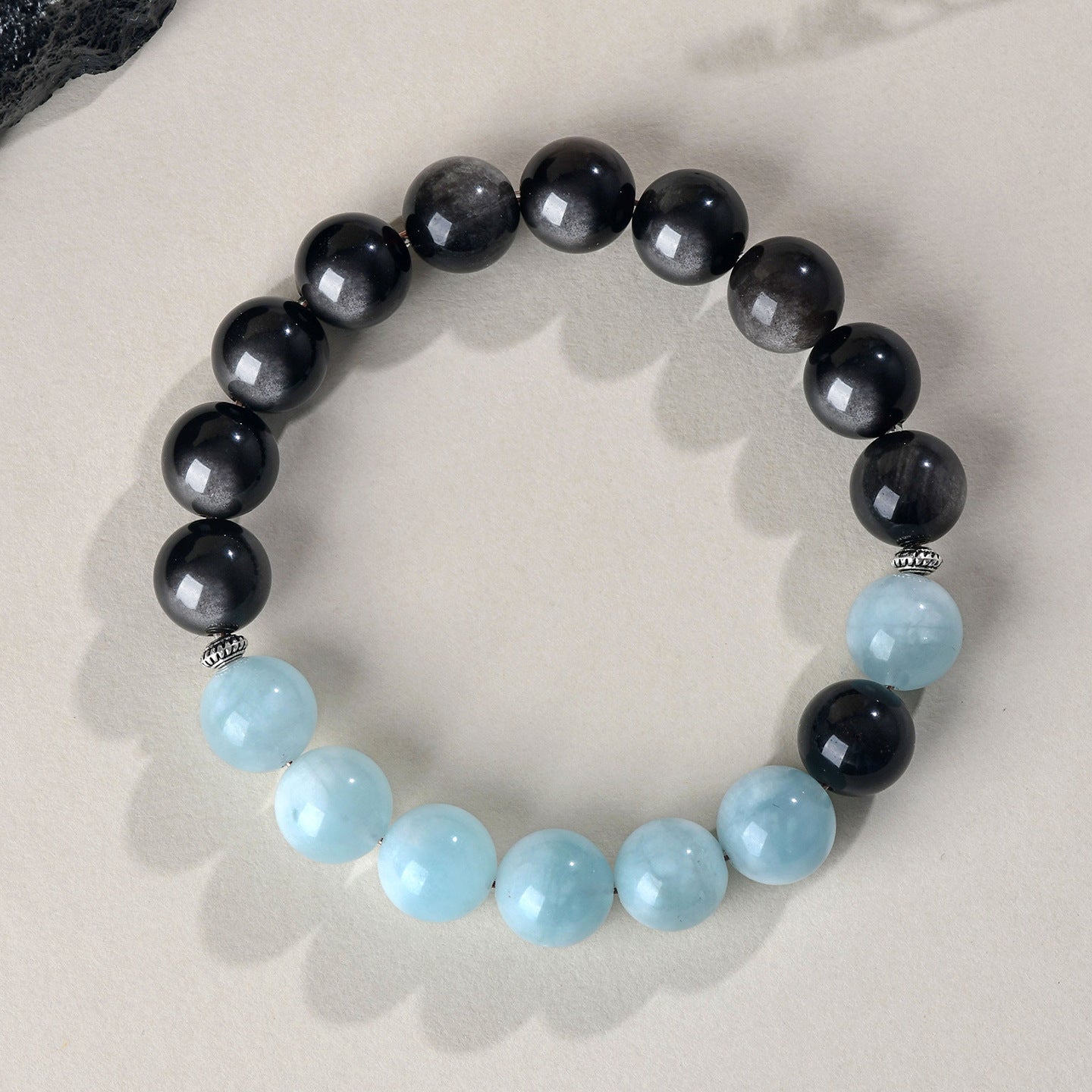 Elegant Silver Obsidian and Aquamarine Bracelet | Protection and Serenity for Women