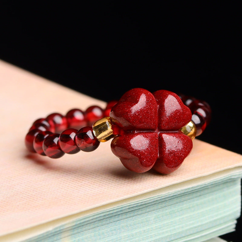 High Content Cinnabar Pixiu Four-Leaf Clover Elastic Ring for Women - Wealth & Luck Talisman