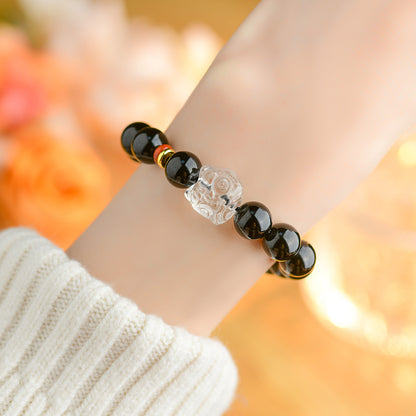 Obsidian Lion Awakening Bracelet with White Crystal and Southern Red Agate | Spiritual Protection Unisex Jewelry