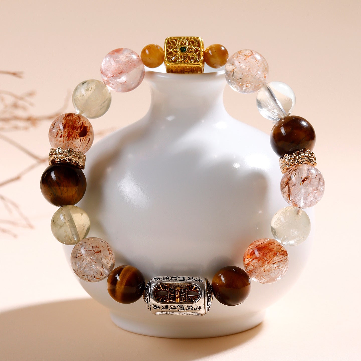 Natural Black Gold Tiger Eye and Yellow Crystal Bracelet with Six-Word Mantra for Luck