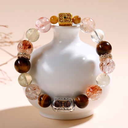 Natural Black Gold Tiger Eye and Yellow Crystal Bracelet with Six-Word Mantra for Luck