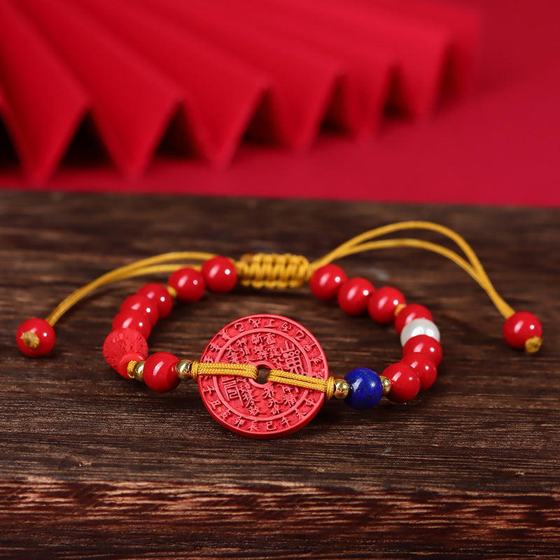 Imperial Red Cinnabar Mountain Ghost Flower Money Hand-Woven Bracelet - Chinese Style Women's Jewelry