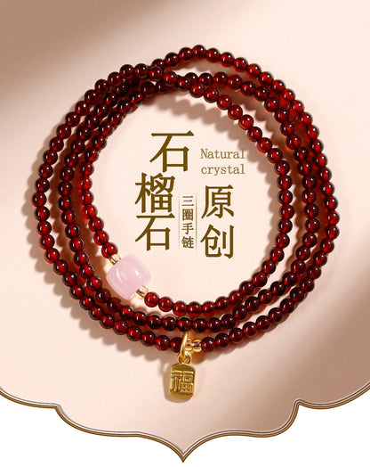 Natural Crystal Garnet Rose Quartz Hetian Jade Three-Circle Bracelet | Wealth Love Protection Talisman