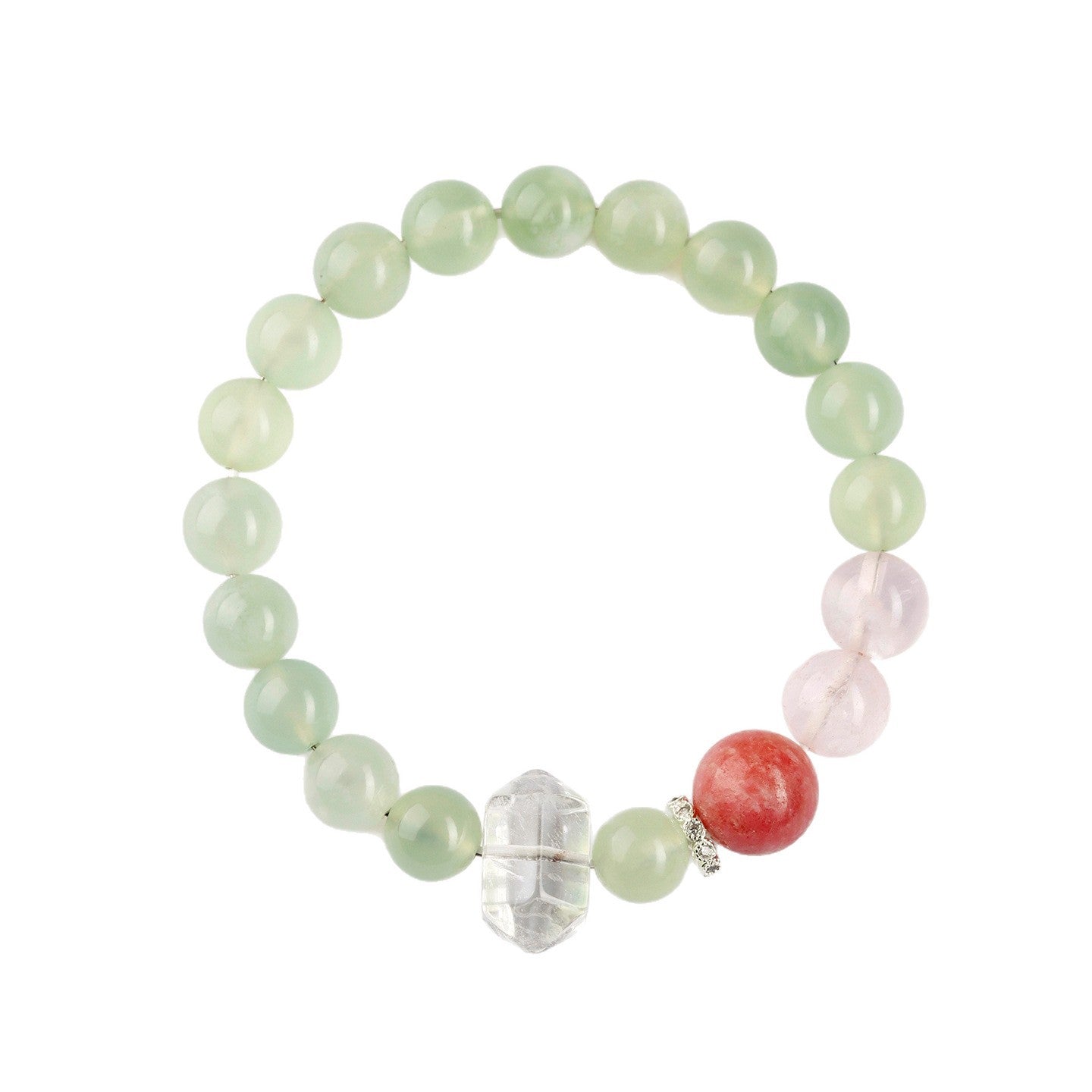 Natural Xiuyan Jade Bracelet with Ice Pink Crystal and Cherry Blossom Motifs