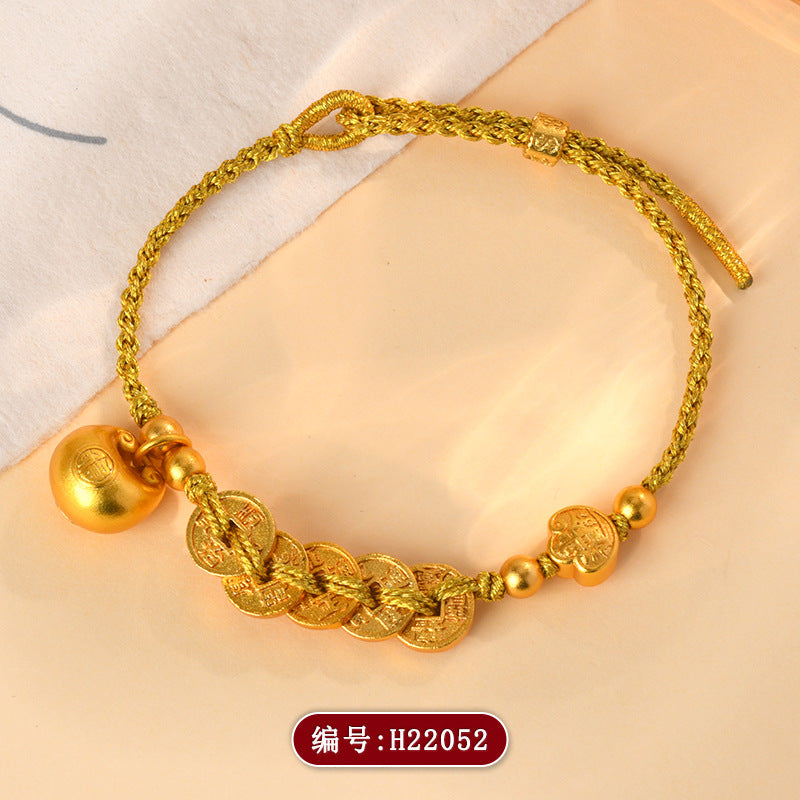 Golden Five Emperors Coin Bracelet with Little Fat Fu Charm - Wealth and Protection Talisman