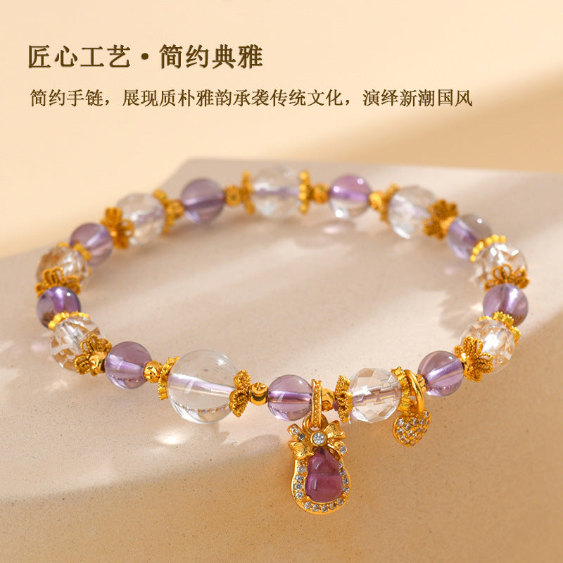 Golden Sand Gourd Amethyst Crystal Bracelet | Spiritual Harmony & Wealth Charm