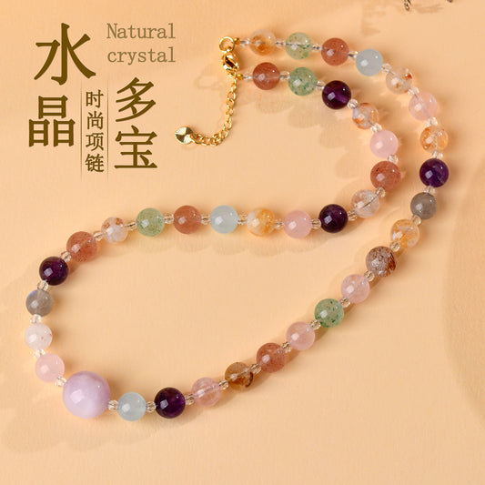 Natural Crystal Multi-Gem Collarbone Necklace | Amethyst & Yellow Tower Crystal for Wealth & Harmony