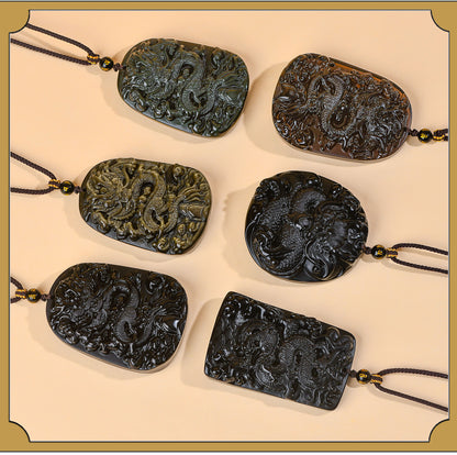 Natural Obsidian S Dragon Pendant - Zodiac Year Charm for Protection and Prosperity
