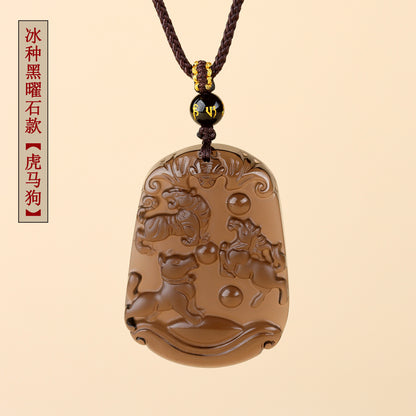 Natural Ice Obsidian Zodiac Triad Pendant Necklace｜Birth Year Protection & Harmony