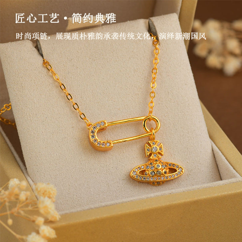 Golden Saturn Pin Necklace | 3D Planet Design Fashion Clavicle Chain