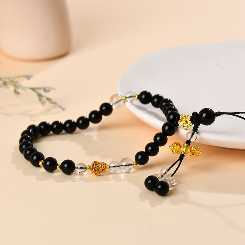 Natural Obsidian White Crystal Phone Charm Pendant | Chinese Retro Style Temple Blessing Ornament