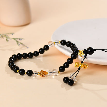 Natural Obsidian White Crystal Phone Charm Pendant | Chinese Retro Style Temple Blessing Ornament