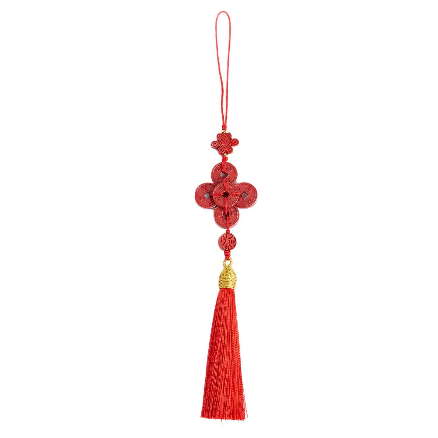 Natural Imperial Red Cinnabar Five Emperors Coin Tassel Pendant - Feng Shui Protection & Wealth Amulet
