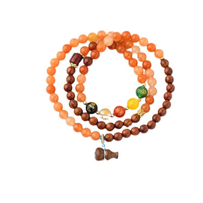 Golden Silk Jade Rosewood Three-Circle Bracelet: Five-Way God of Wealth Talisman for Prosperity