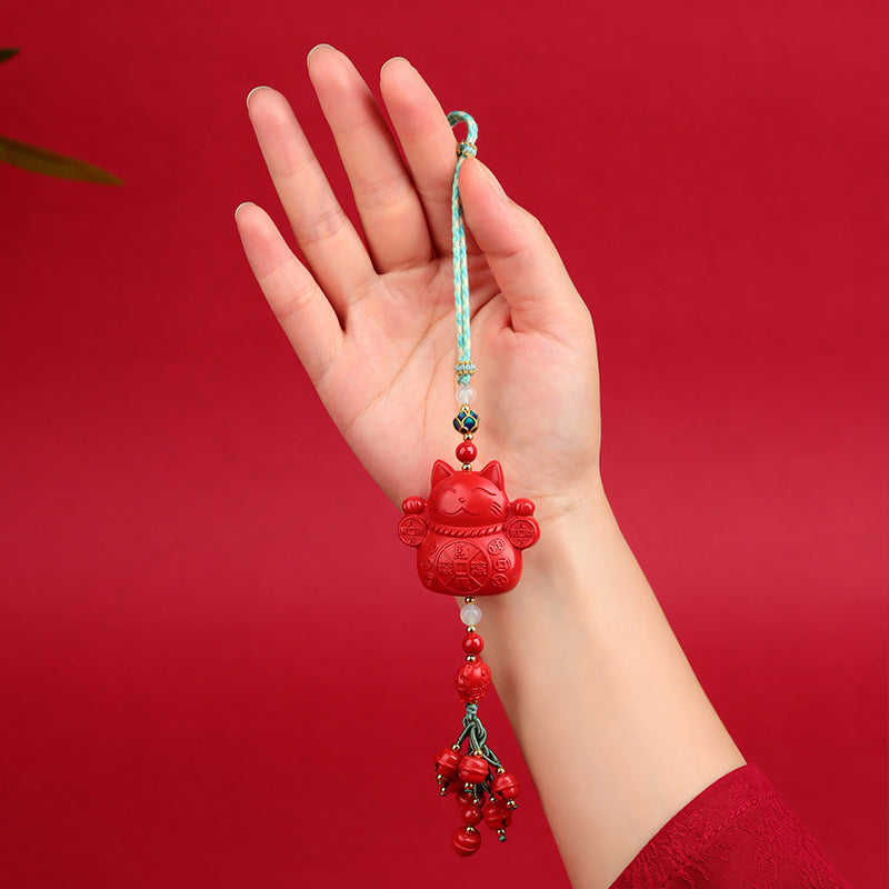 Natural High-Content Cinnabar Lucky Cat Car Pendant Keychain - Wealth & Protection Charm