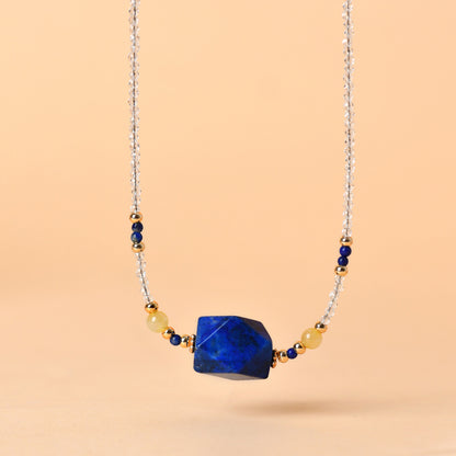 Natural White Crystal Lapis Lazuli Yellow Rutilated Quartz Collarbone Necklace | Spiritual Energy Protection & Wealth Attraction