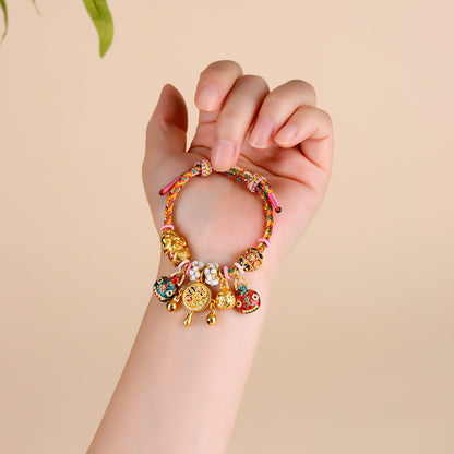 Golden Pixiu and Wealth Beast Family Bracelet | Tibetan Style Braided Rope for Prosperity