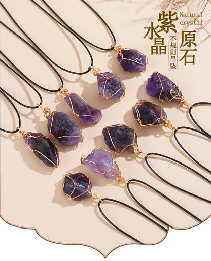 Natural Amethyst Raw Stone Pendant Necklace - Handmade Wire Wrapped Spiritual Jewelry for Protection