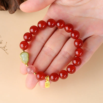 Natural Red Agate Strawberry Crystal Gourd Bracelet | Chinese Style Fortune Prosperity Unisex