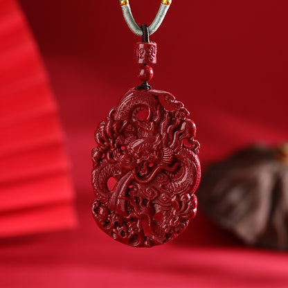 Dragon Soaring Four Seas Natural Cinnabar Double-Sided Carved Pendant Necklace