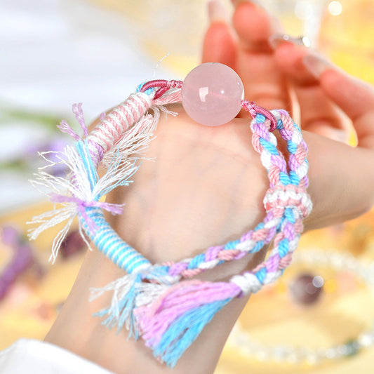 Natural Rose Quartz Tibetan Handmade Bracelet - Love Energy Crystal Cord Jewelry for Women