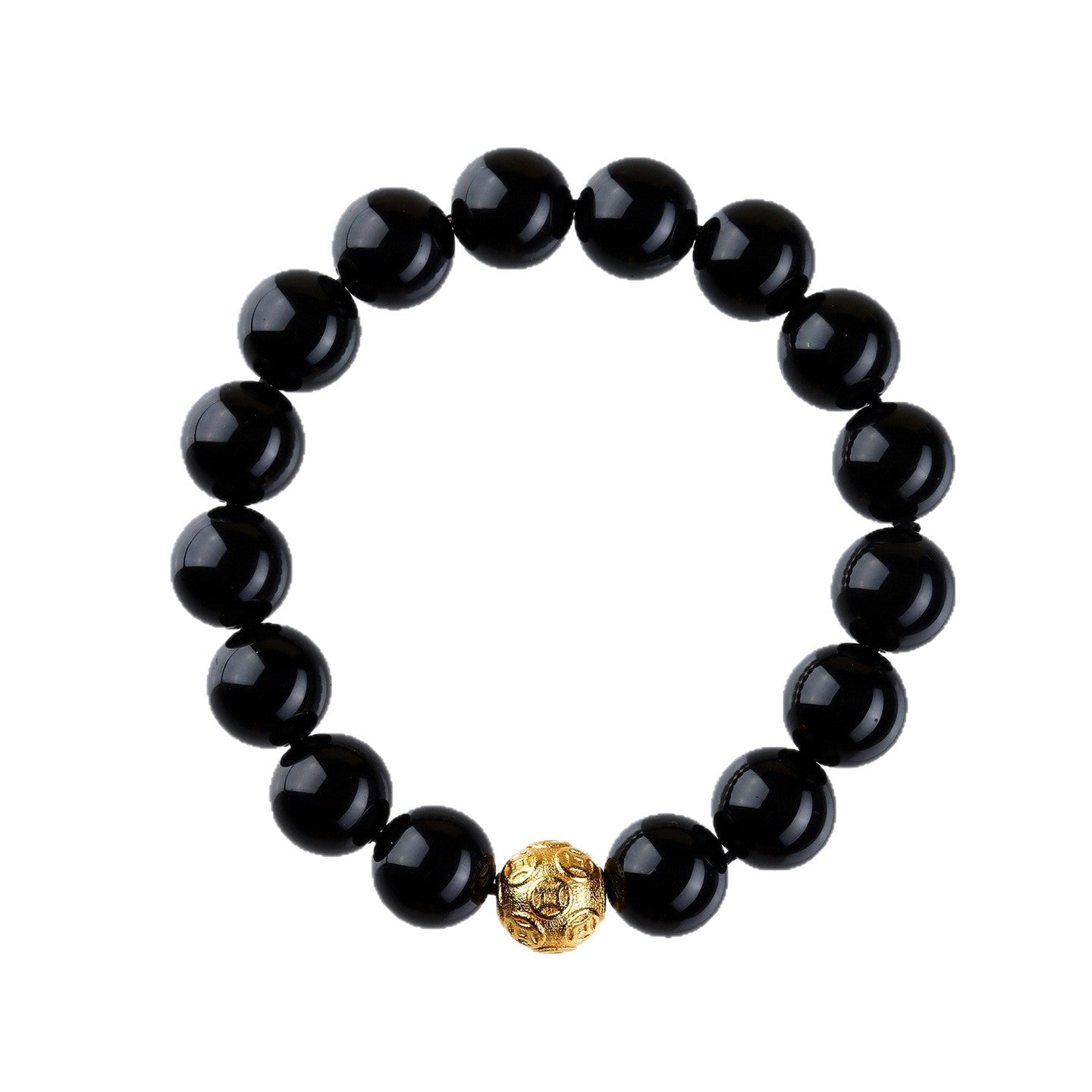 Natural Obsidian Gold Copper Coin Bead Bracelet - Chinese Style Unisex Protection Wealth Charm