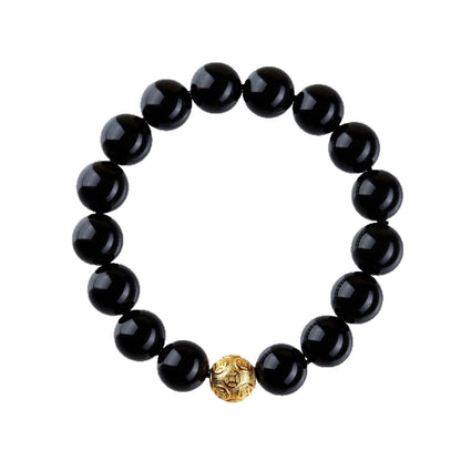 Natural Obsidian Gold Copper Coin Bead Bracelet - Chinese Style Unisex Protection Wealth Charm