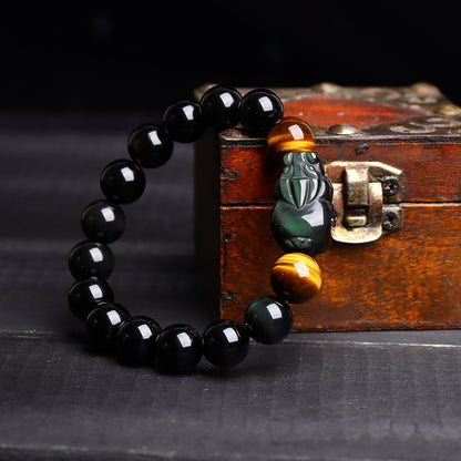 Natural Crystal Obsidian Pixiu Tiger Eye Bracelet - Ethnic Unisex Couple Spiritual Jewelry