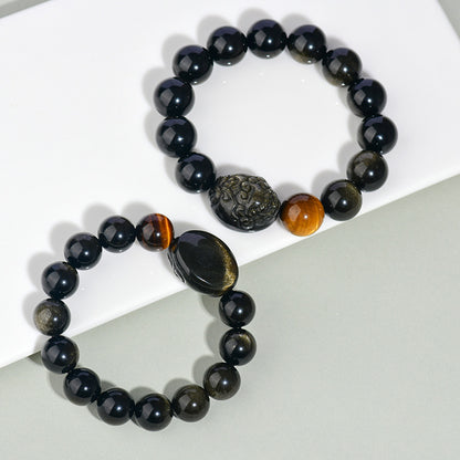 Natural Rainbow Eye Obsidian Pixiu Bracelet - Wealth and Protection Talisman for Couples