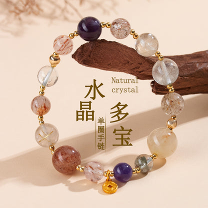 Natural Crystal Multi-Gem Bracelet with Amethyst and Golden Rutilated Quartz | Spiritual Protection & Wealth Energy