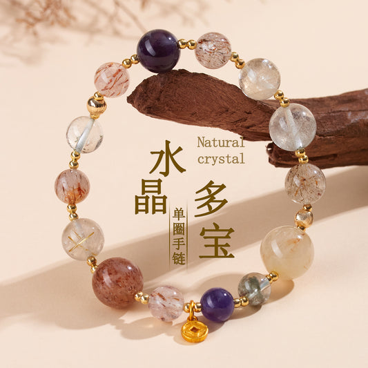 Natural Crystal Multi-Gem Bracelet with Amethyst and Golden Rutilated Quartz | Spiritual Protection & Wealth Energy
