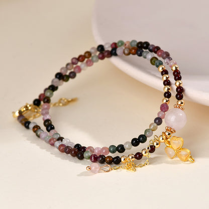 Natural Tourmaline Garnet Rose Quartz Double Circle Bracelet | Adjustable Female Wangfu Stone for Love & Fortune