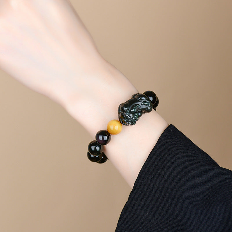 Natural Rainbow Eye Obsidian Pixiu Bracelet - Wealth and Protection Talisman for Couples